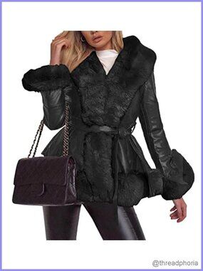 Faux Leather Jacket Faux Fur Collar Belted Winter Parka Coat